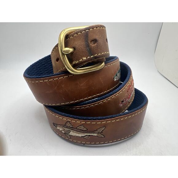 Zep-Pro Trout Fish Canvas & Brown Leather Belt w/Brass Buckle Size 44 men’s - Picture 1 of 8